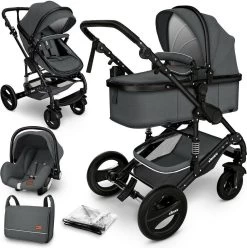 KIDUKU- 3 In 1 Combi-kinderwagen- Antraciet/zwart Buggy Incl. Autostoeltje-regenhoes- Inklapbaar