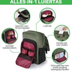 Brisby Slijtvaste Luiertas – Verzorgingstas - Two Tone Groen En Zwart - Inclusief Verschoonmatje - Isoleervakken - Met Geïntegreerde Kinderwagen Haken -Baby Comfort Outlet Winkel 1200x1177