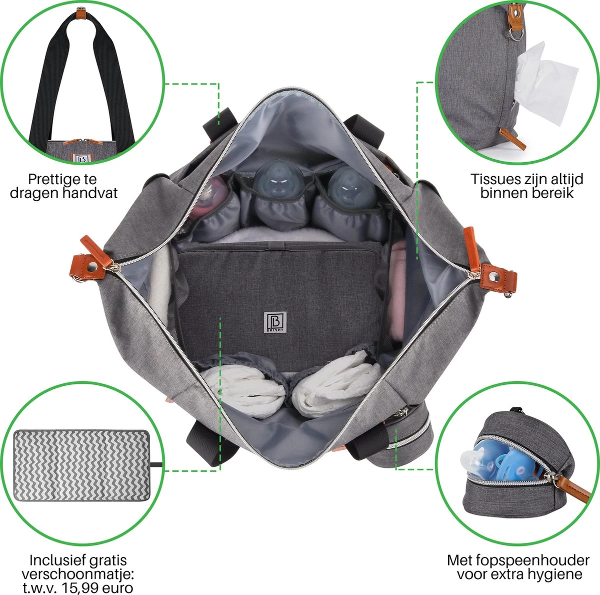 Brisby Slijtvaste Luiertas - Verzorgingstas Groot - Grijs - Inclusief Verschoonmatje - Isoleervakken - Fopspeen Houder - Makkelijk Te Bevestigen Aan De Kinderwagen 2 Brisby Slijtvaste Luiertas - Verzorgingstas Groot - Grijs - Inclusief Verschoonmatje - Isoleervakken - Fopspeen Houder - Makkelijk Te Bevestigen Aan De Kinderwagen - Afbeelding 2