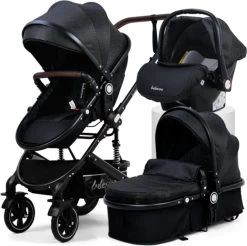 Belecoo - Luxe Kinderwagen - 3-in-1 Buggy - Opklapbare Wandelwagen - Autostoel - Wieg - Multifunctioneel - Zwart