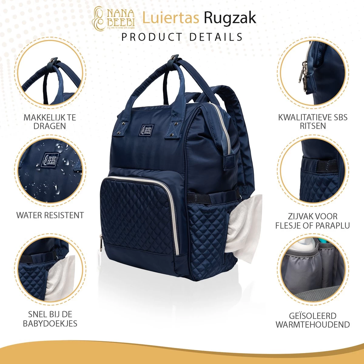 NanaBeebi Luiertas - Rugzak - Met Isoleervak - Blauw- Inclusief Flessenwarmhouder En Kinderwagenhaken 2 NanaBeebi Luiertas - Rugzak - Met Isoleervak - Blauw- Inclusief Flessenwarmhouder En Kinderwagenhaken - Afbeelding 2