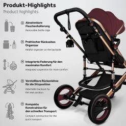 KIDUKU- 3 In 1 Combi-kinderwagen- Bordeaux- Zwart-goud- Buggy Incl. Autostoeltje-regenhoes- Inklapbaar -Baby Comfort Outlet Winkel 1200x1200 637