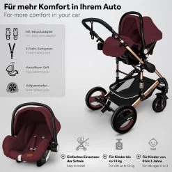 KIDUKU- 3 In 1 Combi-kinderwagen- Bordeaux- Zwart-goud- Buggy Incl. Autostoeltje-regenhoes- Inklapbaar -Baby Comfort Outlet Winkel 1200x1200 638