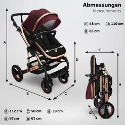KIDUKU- 3 In 1 Combi-kinderwagen- Bordeaux- Zwart-goud- Buggy Incl. Autostoeltje-regenhoes- Inklapbaar -Baby Comfort Outlet Winkel 1200x1200 641