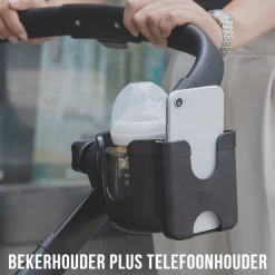 Merkloos Allernieuwste Universele Bekerhouder PLUS Telefoonhouder Voor Kinderwagen, Buggy En Fiets - Kinderwagen Accessoires - Combi 2-in-1 - ZWART