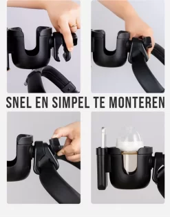 Merkloos Allernieuwste Universele Bekerhouder PLUS Telefoonhouder Voor Kinderwagen, Buggy En Fiets - Kinderwagen Accessoires - Combi 2-in-1 - ZWART -Baby Comfort Outlet Winkel 945x1200